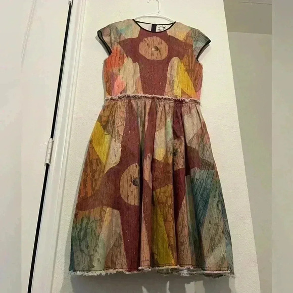 Making The Cut Winning Look Garys Beige Burgundy Paint Print Dress Sz M - Picture 4 of 12